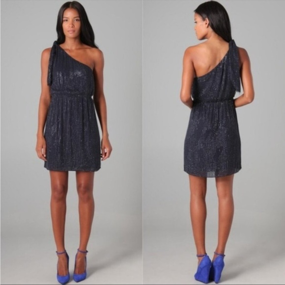 Alice + Olivia Navy Blue Full Beaded One Shoulder Mini Dress - Picture 1 of 4